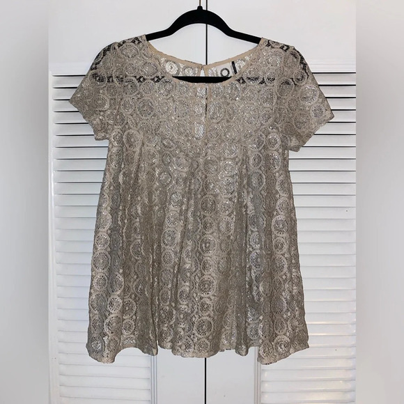 Anthropologie Akemi + Kin Metallic Silver Lace Babydoll Blouse - Picture 2 of 7